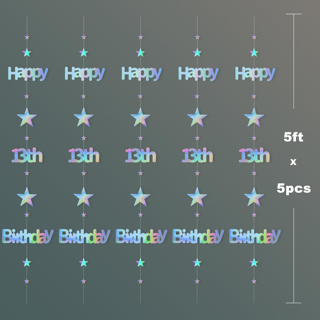 LEEKRETON 13th Birthday Banner – 25 Feet of Iridescent Holographic Star Garland, Pre-Strung