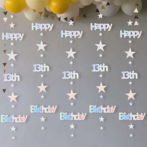 LEEKRETON 13th Birthday Banner – 25 Feet of Iridescent Holographic Star Garland, Pre-Strung