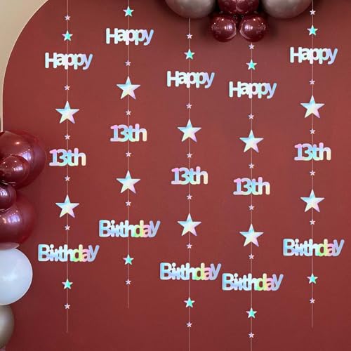 LEEKRETON 13th Birthday Banner – 25 Feet of Iridescent Holographic Star Garland, Pre-Strung
