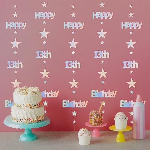 LEEKRETON 13th Birthday Banner – 25 Feet of Iridescent Holographic Star Garland, Pre-Strung