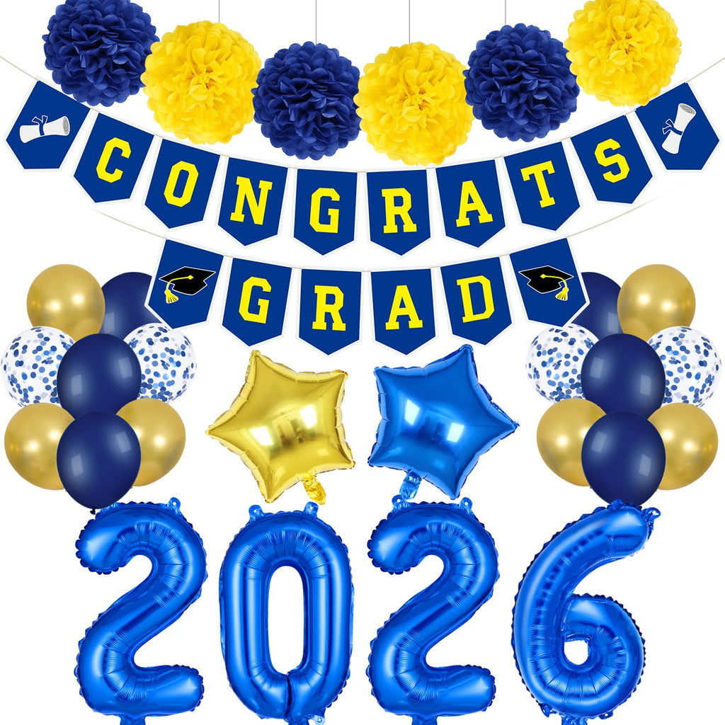 LeeSky 2026 Graduation Banner and Blue Yellow Foil Balloons Set for Class of 2026 Party Decorations