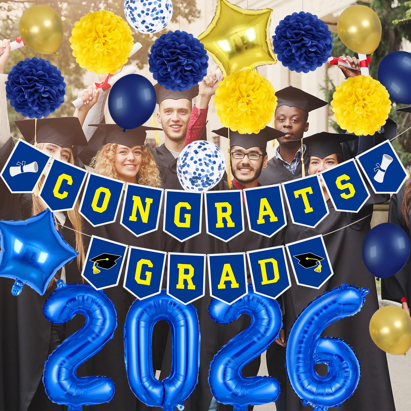 LeeSky 2026 Graduation Banner and Blue Yellow Foil Balloons Set for Class of 2026 Party Decorations