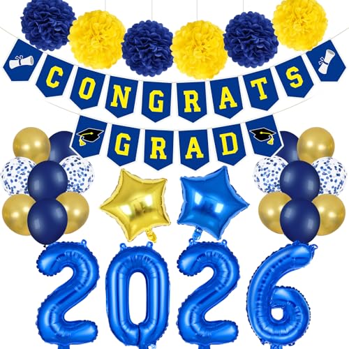 LeeSky 2026 Graduation Banner and Blue Yellow Foil Balloons Set for Class of 2026 Party Decorations