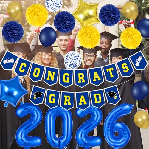 LeeSky 2026 Graduation Banner and Blue Yellow Foil Balloons Set for Class of 2026 Party Decorations