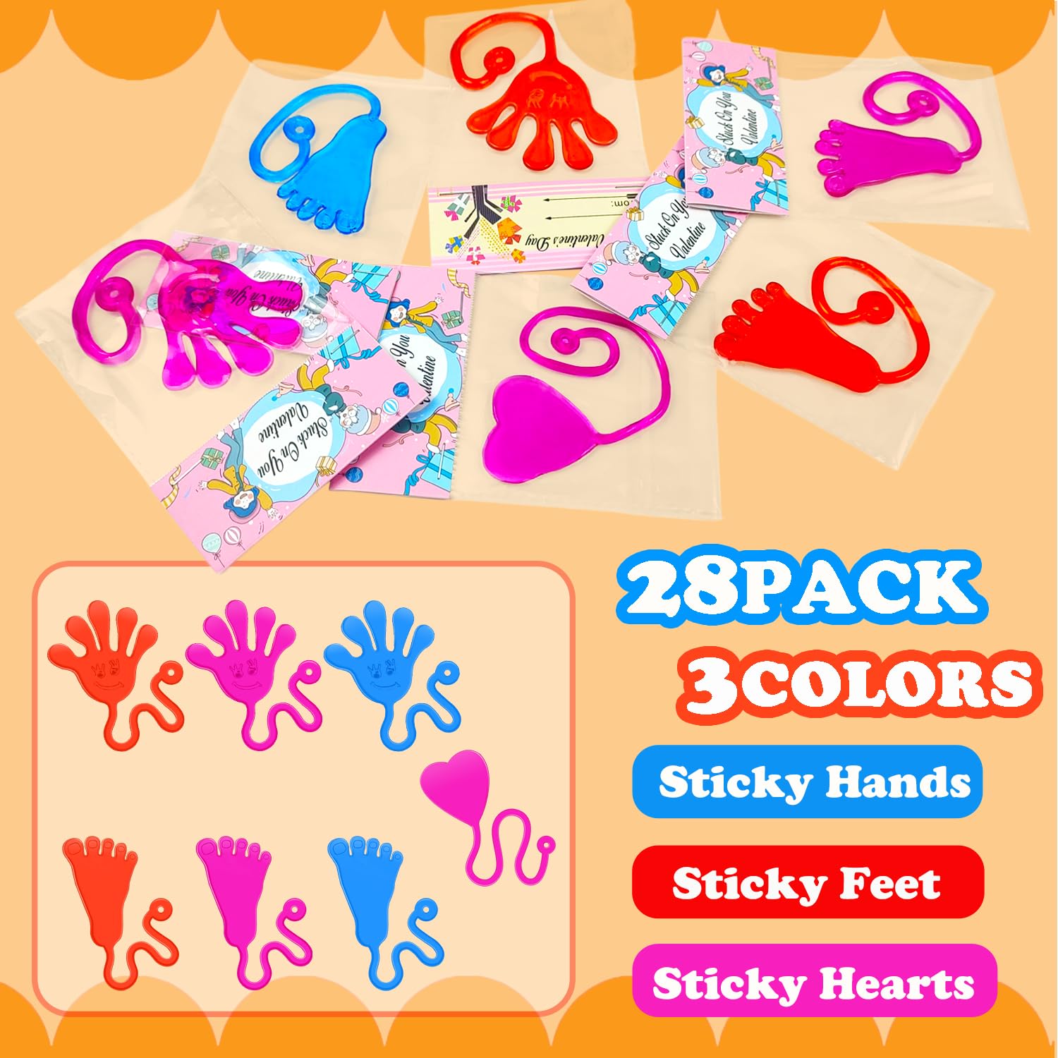Leetous 28-Pack Easter Sticky Hands, Feet & Hearts Toys with Gift Cards – Non-Candy Classroom Favors for Kids
