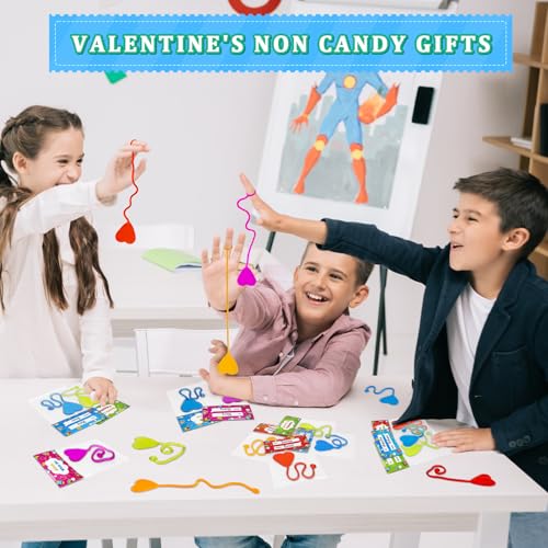 Leetous 28-Pack Non-Candy Valentine Gifts with Heart Sticky Hands and Cards for Kids Classroom Exchange