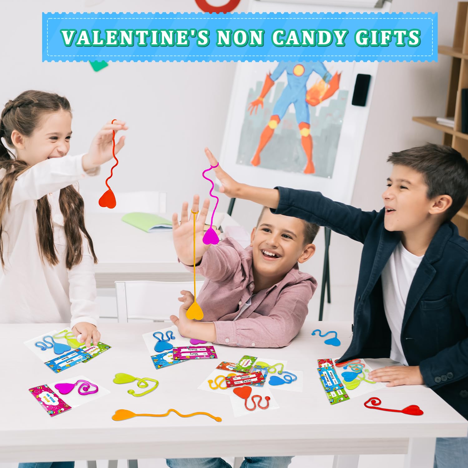 Leetous 28-Pack Non-Candy Valentine Gifts with Heart Sticky Hands and Cards for Kids Classroom Exchange