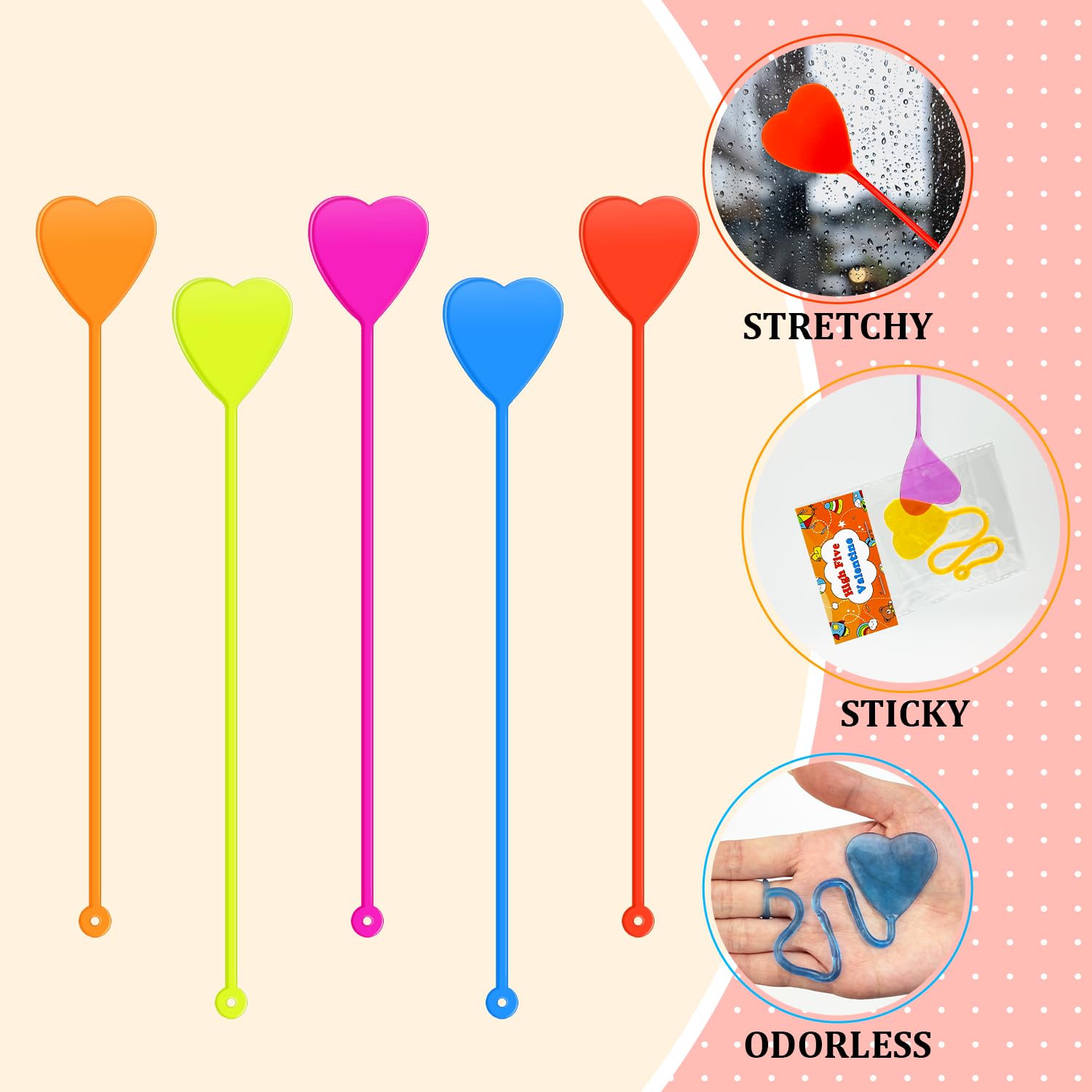 Leetous 28-Pack Non-Candy Valentine Gifts with Heart Sticky Hands and Cards for Kids Classroom Exchange