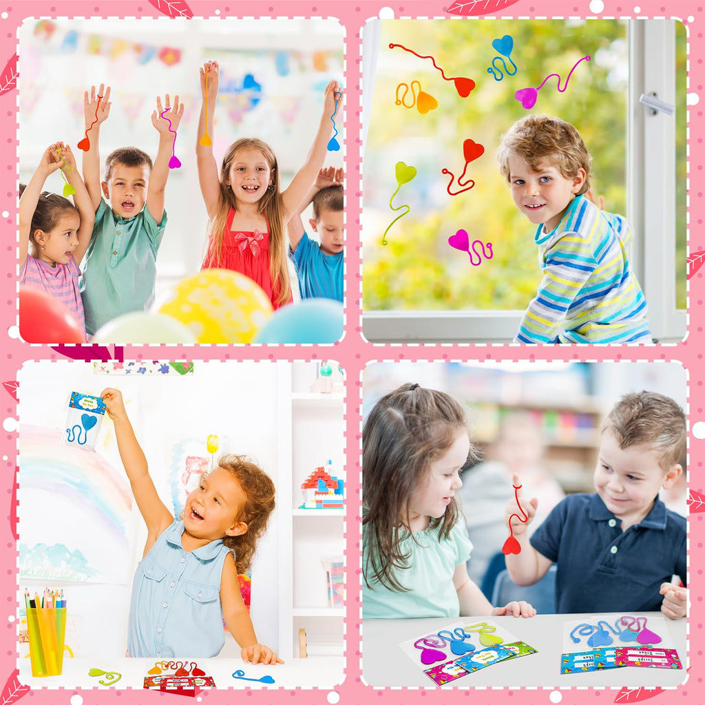 Leetous 28-Pack Non-Candy Valentine Gifts with Heart Sticky Hands and Cards for Kids Classroom Exchange