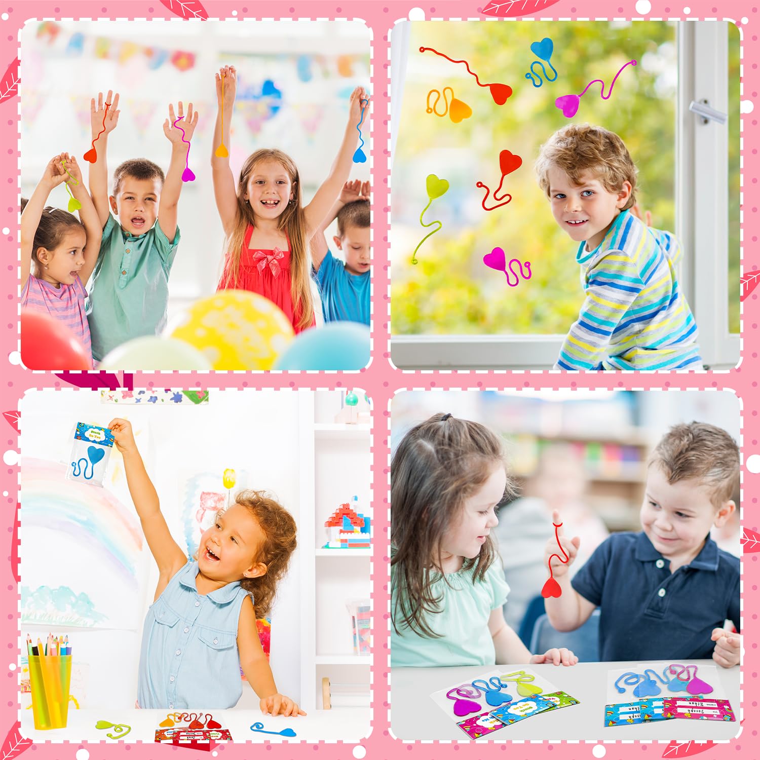 Leetous 28-Pack Non-Candy Valentine Gifts with Heart Sticky Hands and Cards for Kids Classroom Exchange