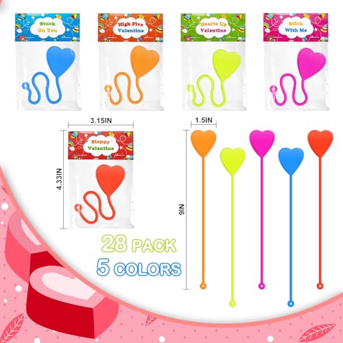 Leetous 28-Pack Non-Candy Valentine Gifts with Heart Sticky Hands and Cards for Kids Classroom Exchange