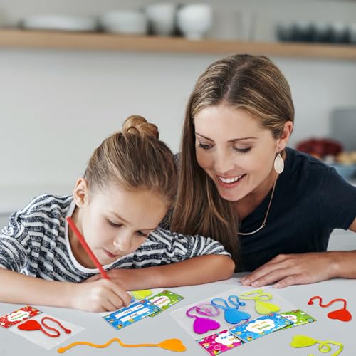Leetous 28-Pack Non-Candy Valentine Gifts with Heart Sticky Hands and Cards for Kids Classroom Exchange