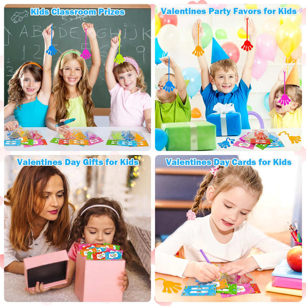 Leetous 28-Pack Valentine Sticky Hands with Cards – Non-Candy Classroom Gifts for Kids