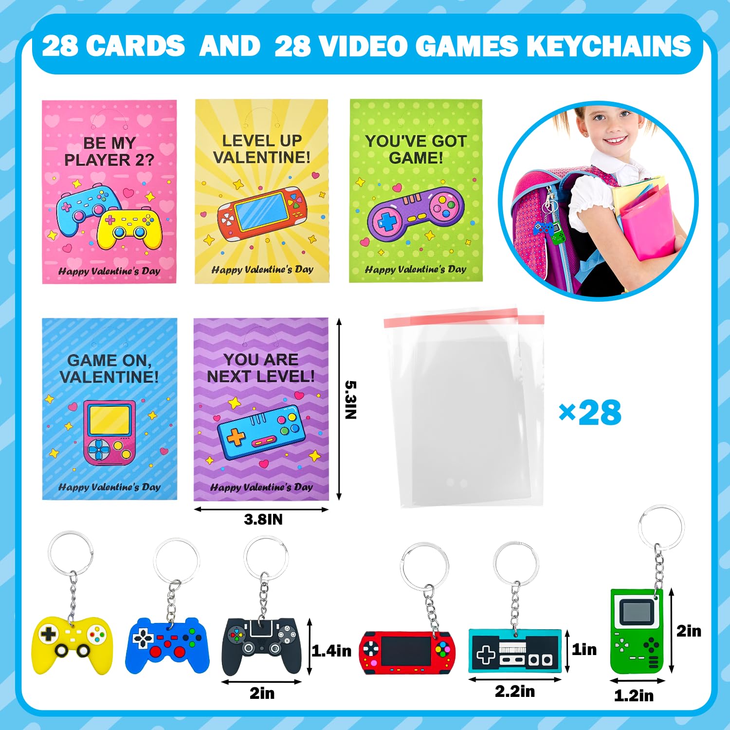 Leetous 28-Pack Valentines Day Video Game Keychains & Exchange Cards for Kids Classroom – Non-Candy Party Favors