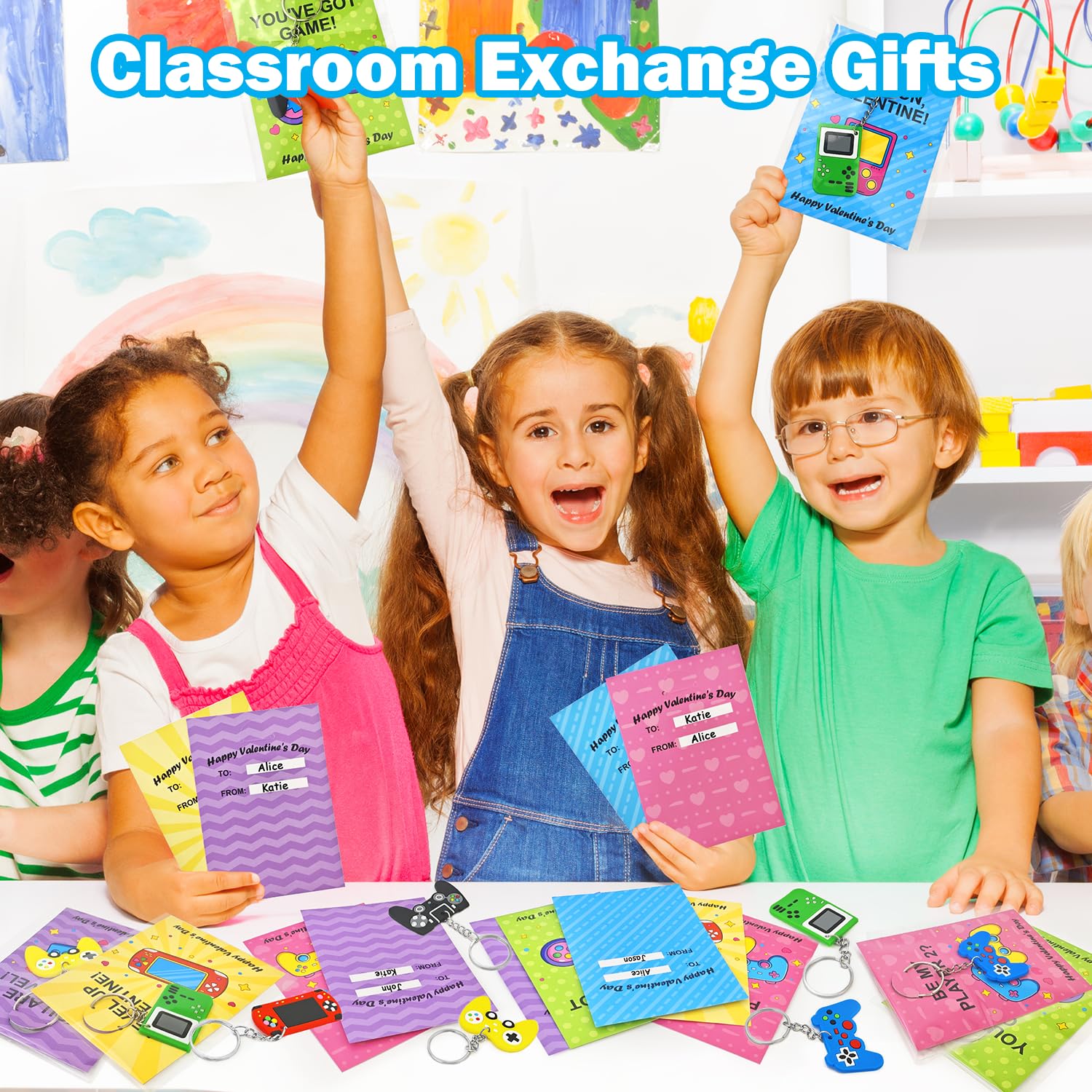 Leetous 28-Pack Valentines Day Video Game Keychains & Exchange Cards for Kids Classroom – Non-Candy Party Favors
