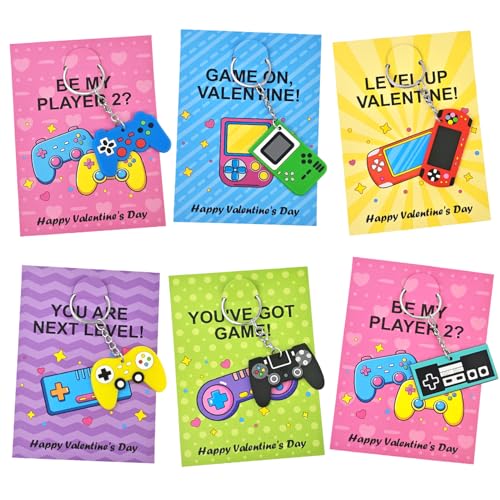Leetous 28-Pack Valentines Day Video Game Keychains & Exchange Cards for Kids Classroom – Non-Candy Party Favors