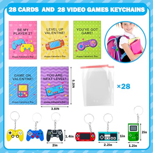 Leetous 28-Pack Valentines Day Video Game Keychains & Exchange Cards for Kids Classroom – Non-Candy Party Favors