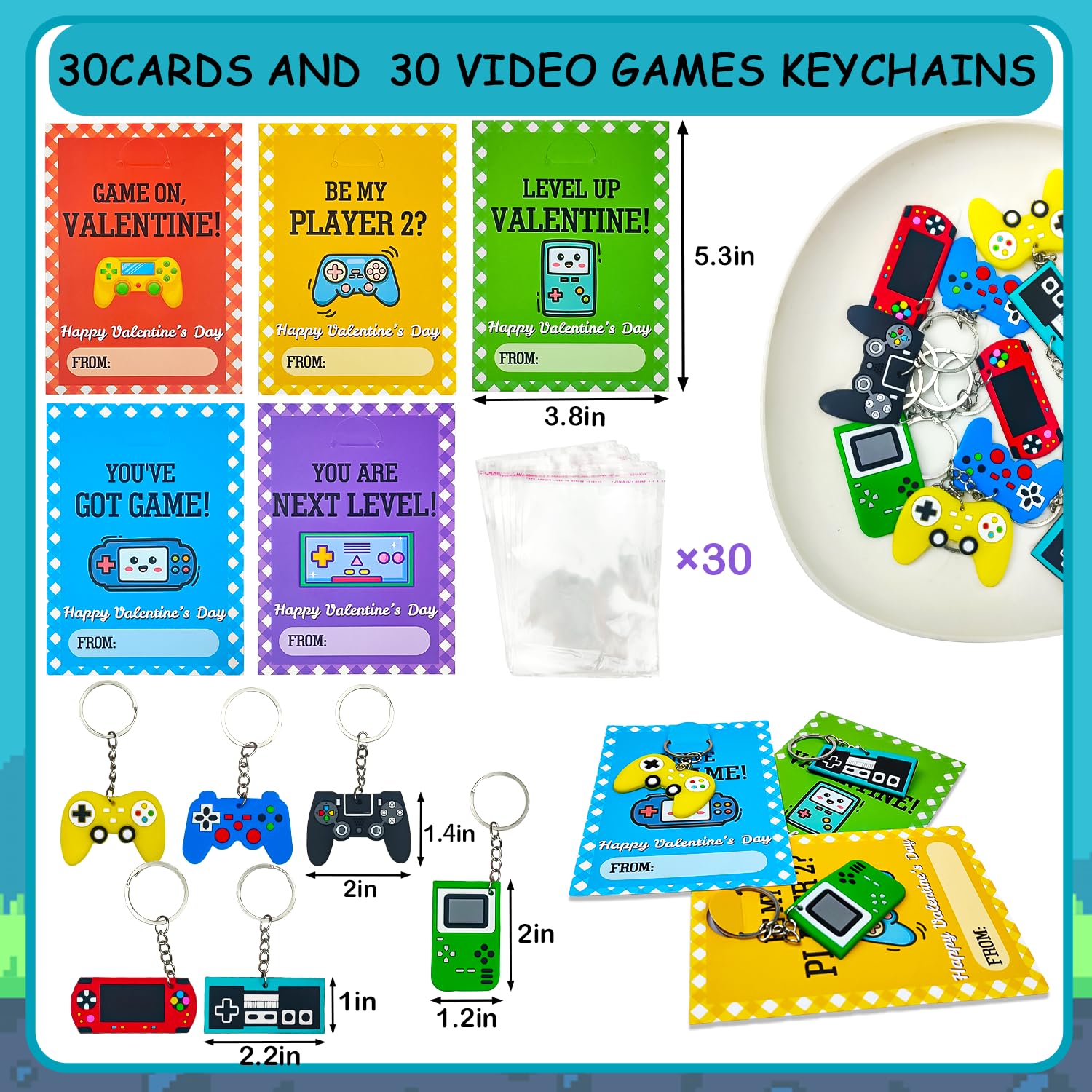 Leetous 30 Pack Valentine's Day Video Game Keychains with Cards for Classroom Exchange