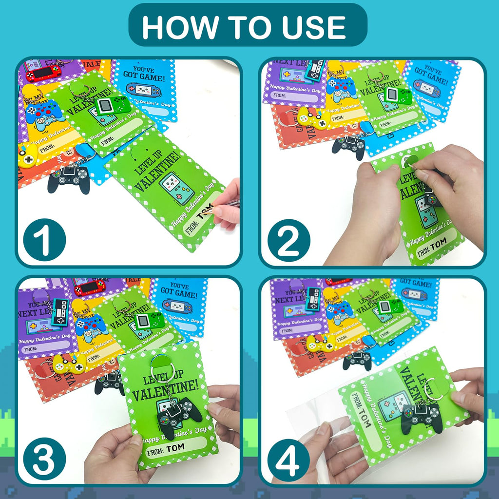 Leetous 30 Pack Valentine's Day Video Game Keychains with Cards for Classroom Exchange