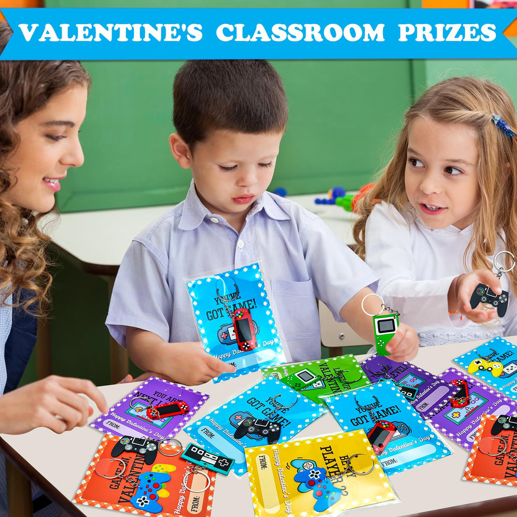 Leetous 30 Pack Valentine's Day Video Game Keychains with Cards for Classroom Exchange