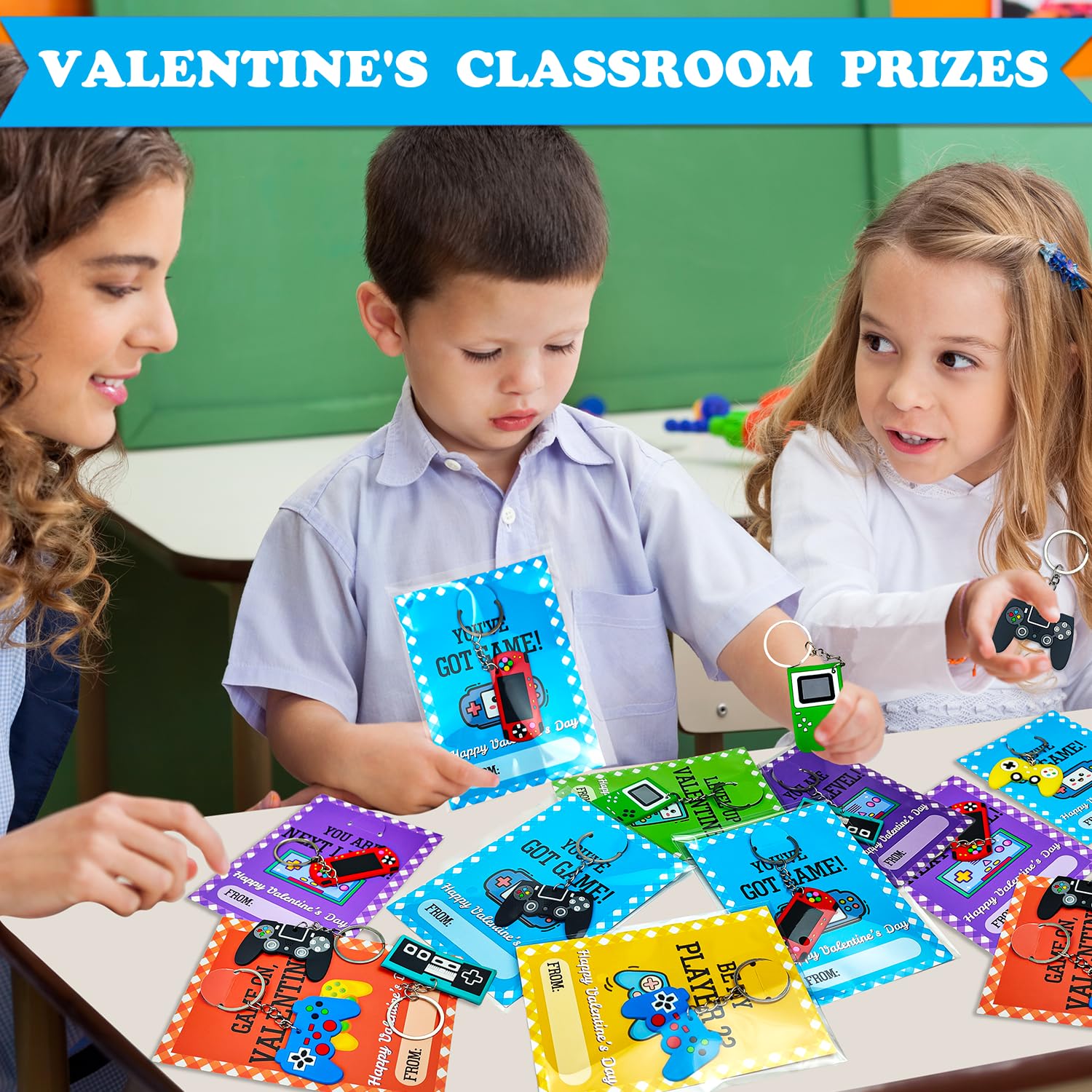 Leetous 30 Pack Valentine's Day Video Game Keychains with Cards for Classroom Exchange