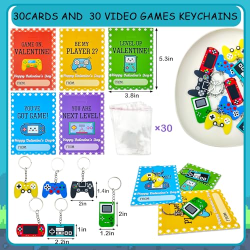 Leetous 30 Pack Valentine's Day Video Game Keychains with Cards for Classroom Exchange