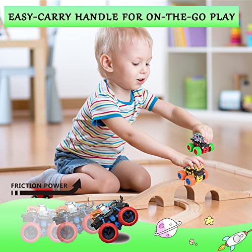 LEFEI 4 Pack Push and Go Monster Trucks: 360° Rotating Stunt Cars for Kids 3-7