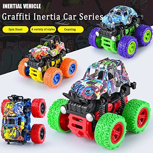 LEFEI 4 Pack Push and Go Monster Trucks: 360° Rotating Stunt Cars for Kids 3-7