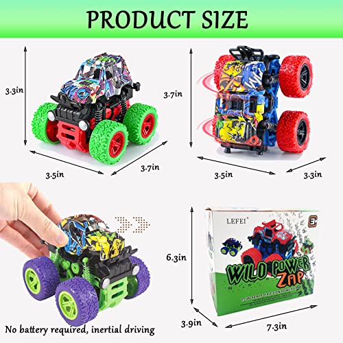 LEFEI 4 Pack Push and Go Monster Trucks: 360° Rotating Stunt Cars for Kids 3-7
