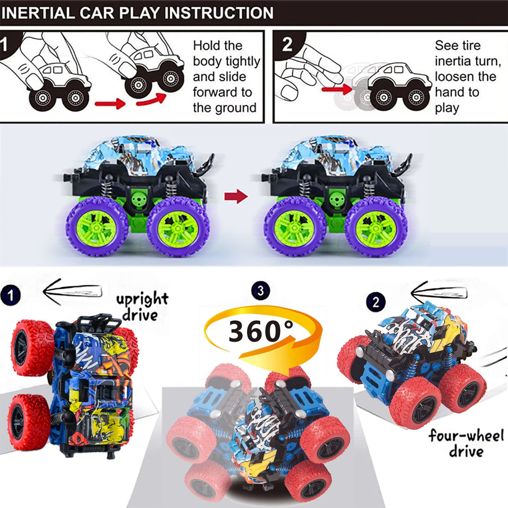 LEFEI 4 Pack Push and Go Monster Trucks: 360° Rotating Stunt Cars for Kids 3-7