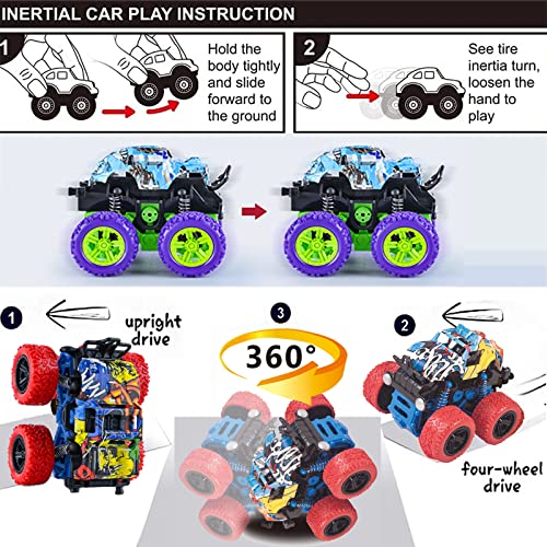 LEFEI 4 Pack Push and Go Monster Trucks: 360° Rotating Stunt Cars for Kids 3-7