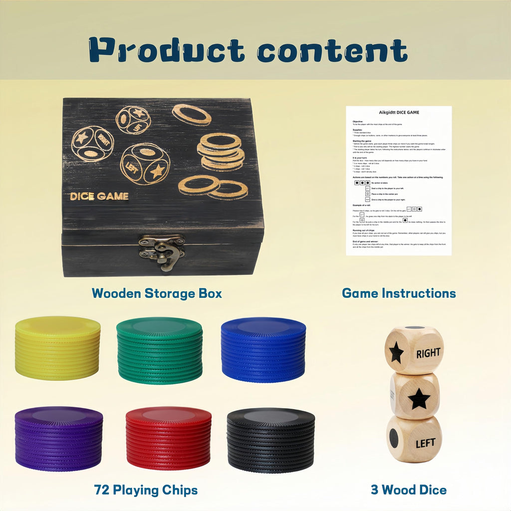 Left Right Roll Dice Game Set – 3 Wood Dice, 72 Chips, Wooden Storage Box | Travel Party Game for Adults and Families