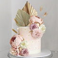 LEFUBABY 32-Piece Boho Flower Cake Topper Set – Silk Flowers, Palm Leaves, Rabbit Grasses, Pearls & Gold Balls
