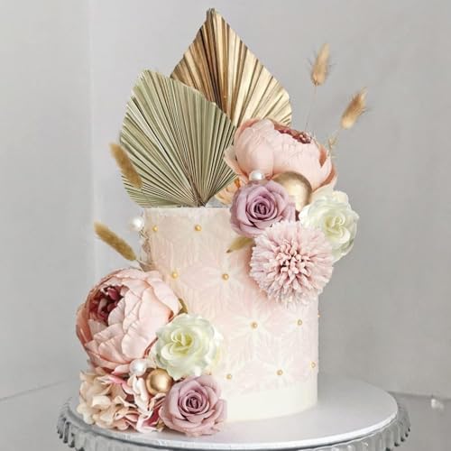 LEFUBABY 32-Piece Boho Flower Cake Topper Set – Silk Flowers, Palm Leaves, Rabbit Grasses, Pearls & Gold Balls