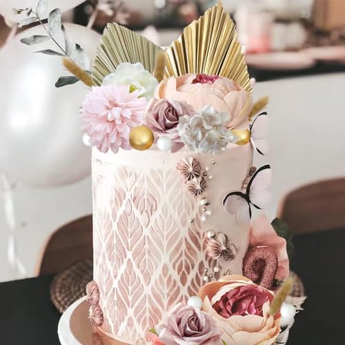 LEFUBABY 32-Piece Boho Flower Cake Topper Set – Silk Flowers, Palm Leaves, Rabbit Grasses, Pearls & Gold Balls
