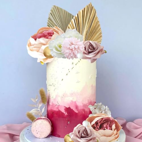 LEFUBABY 32-Piece Boho Flower Cake Topper Set – Silk Flowers, Palm Leaves, Rabbit Grasses, Pearls & Gold Balls