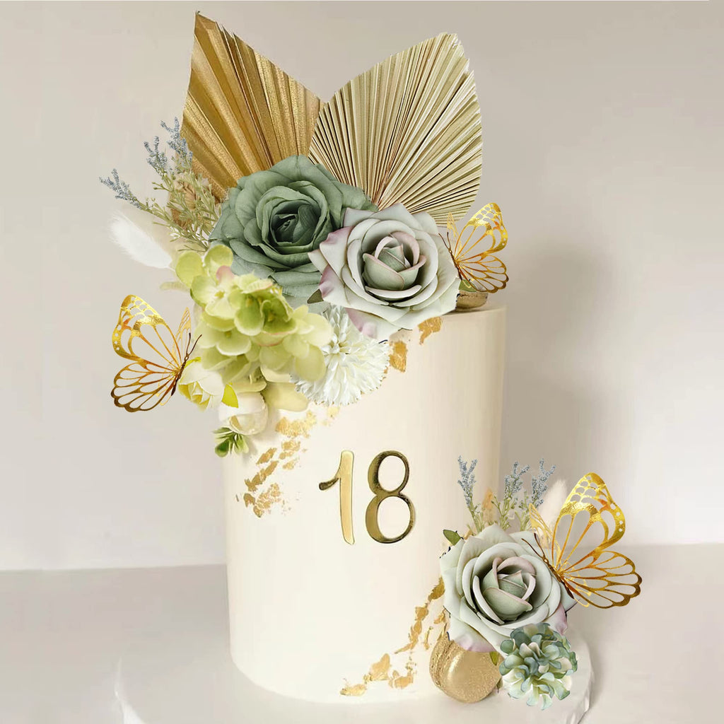 LEFUBABY Boho Cake Topper Set – 29 Silk Flowers, Dried Palm Leaves & Butterfly Decorations for Wedding Baby Shower