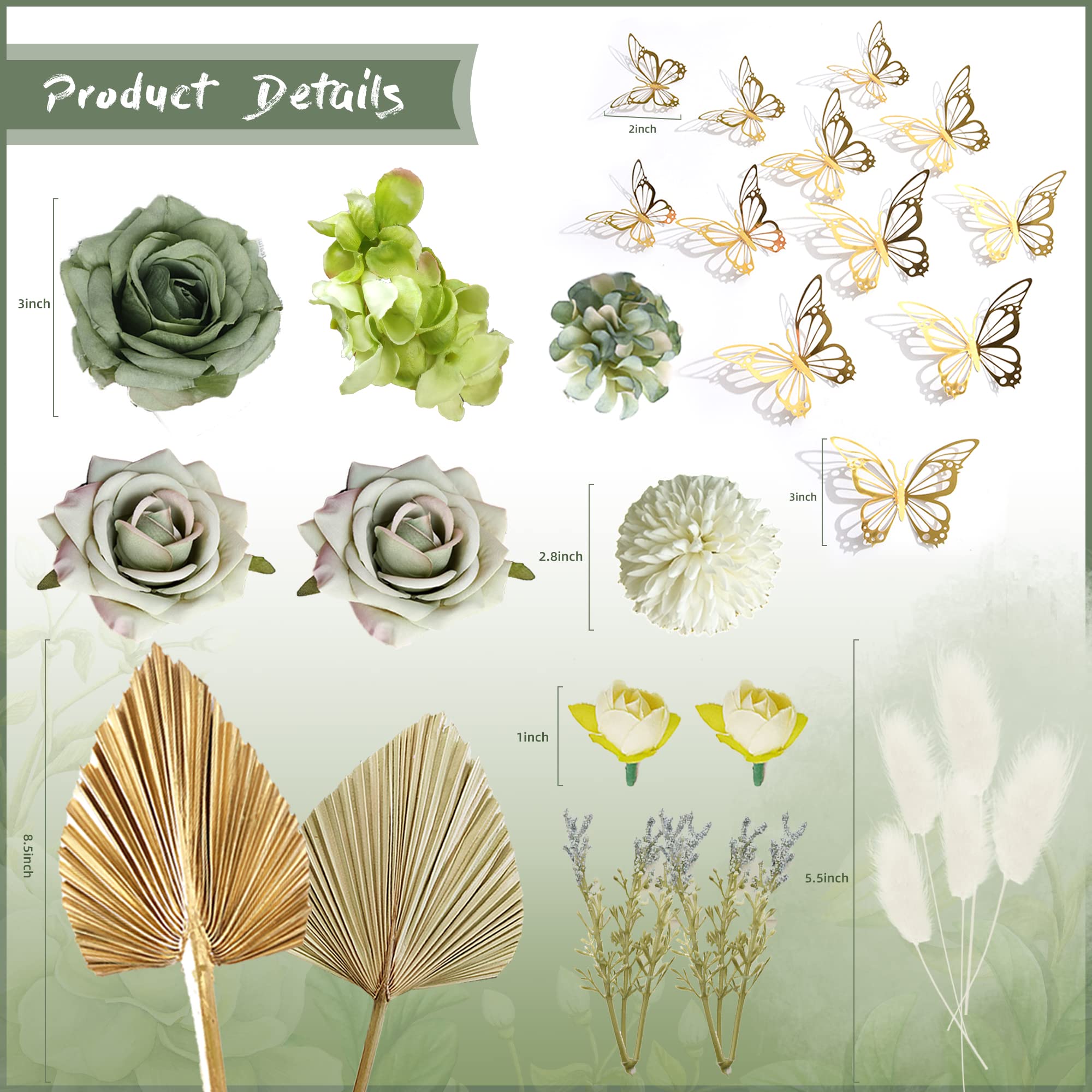 LEFUBABY Boho Cake Topper Set – 29 Silk Flowers, Dried Palm Leaves & Butterfly Decorations for Wedding Baby Shower