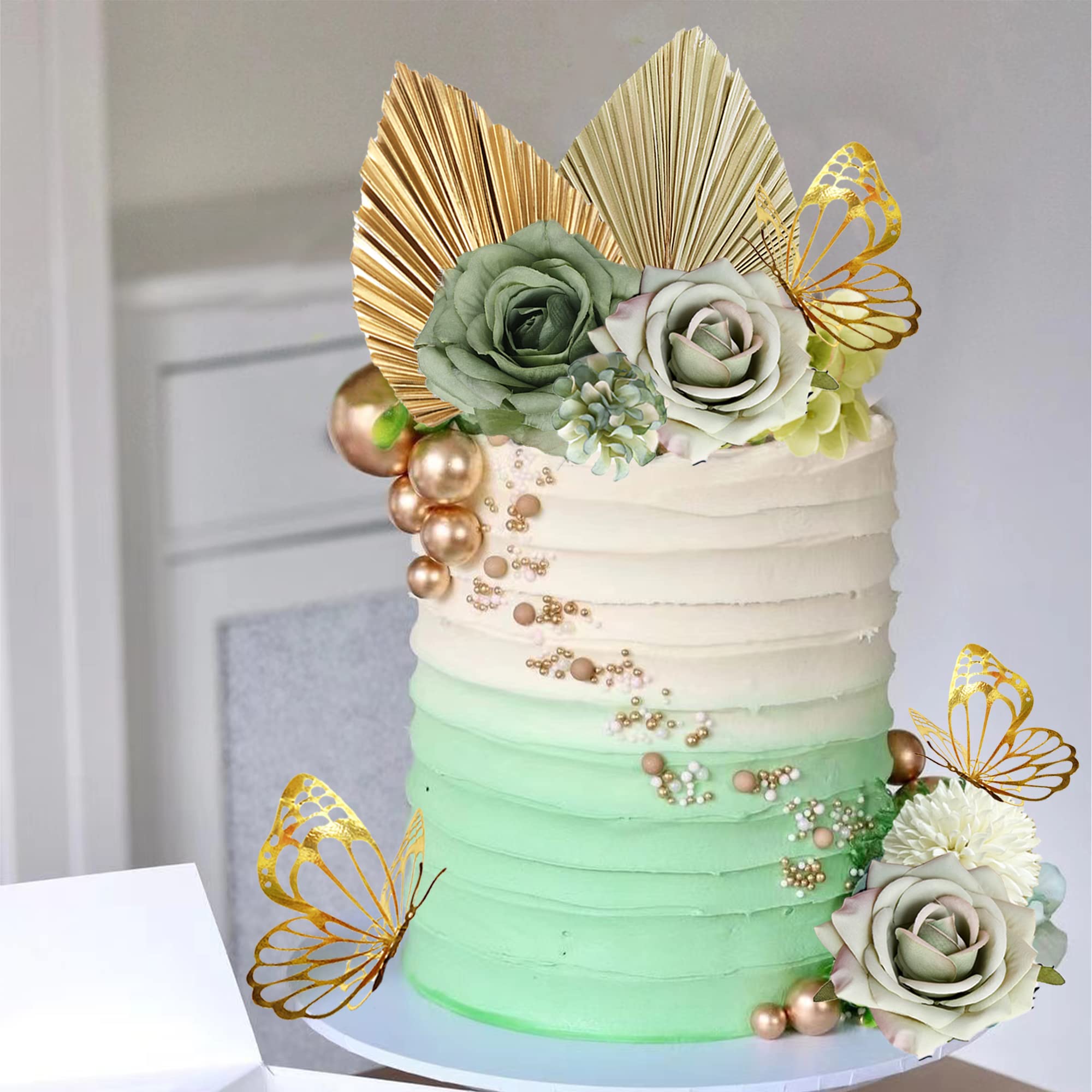 LEFUBABY Boho Cake Topper Set – 29 Silk Flowers, Dried Palm Leaves & Butterfly Decorations for Wedding Baby Shower