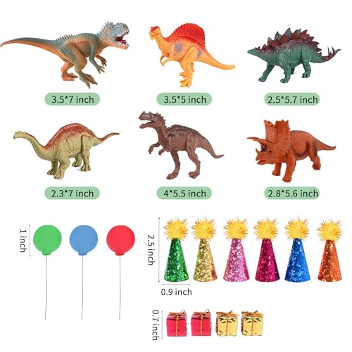 LEFUBABY Dinosaur Cake Toppers Set - 19 Pcs with Mini Hats, Balls & Present Boxes for Dinosaur Theme Parties