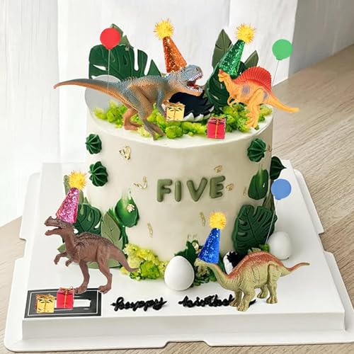 LEFUBABY Dinosaur Cake Toppers Set - 19 Pcs with Mini Hats, Balls & Present Boxes for Dinosaur Theme Parties