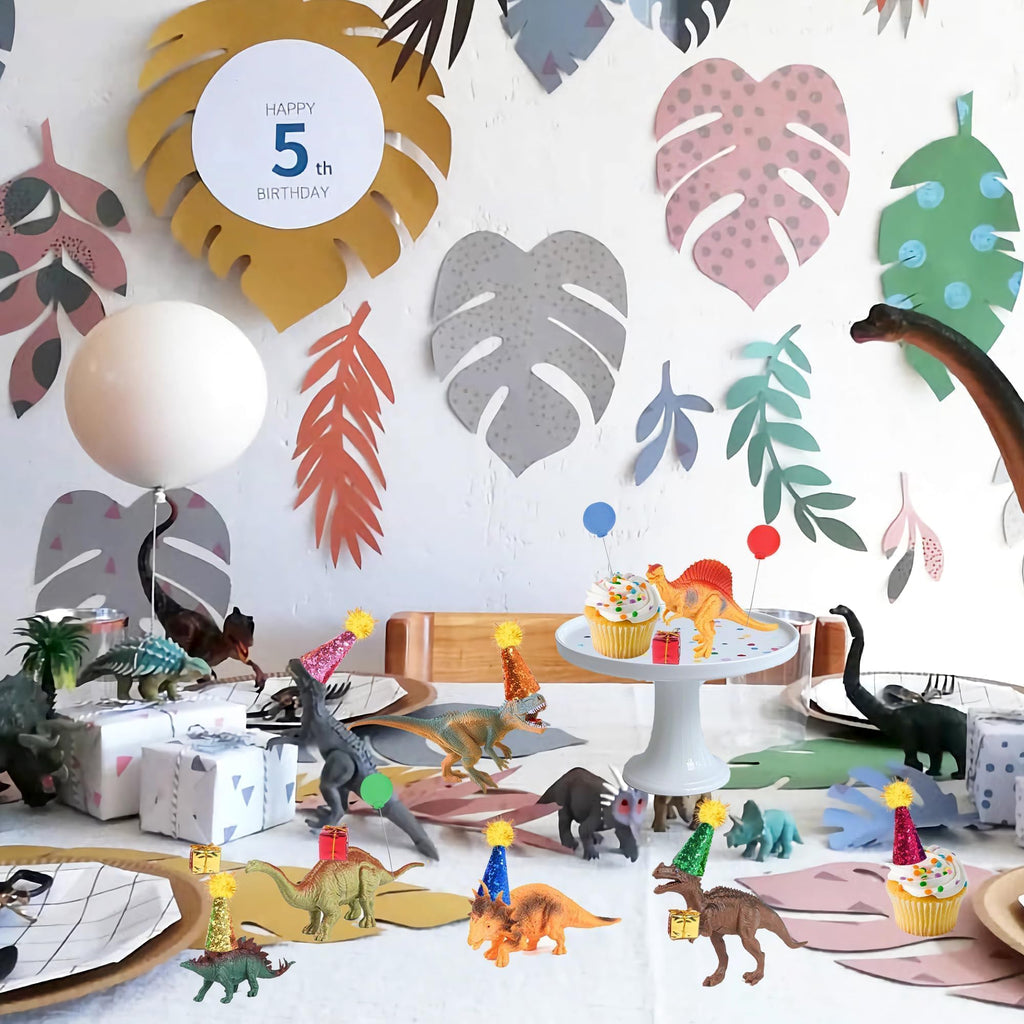 LEFUBABY Dinosaur Cake Toppers Set - 19 Pcs with Mini Hats, Balls & Present Boxes for Dinosaur Theme Parties