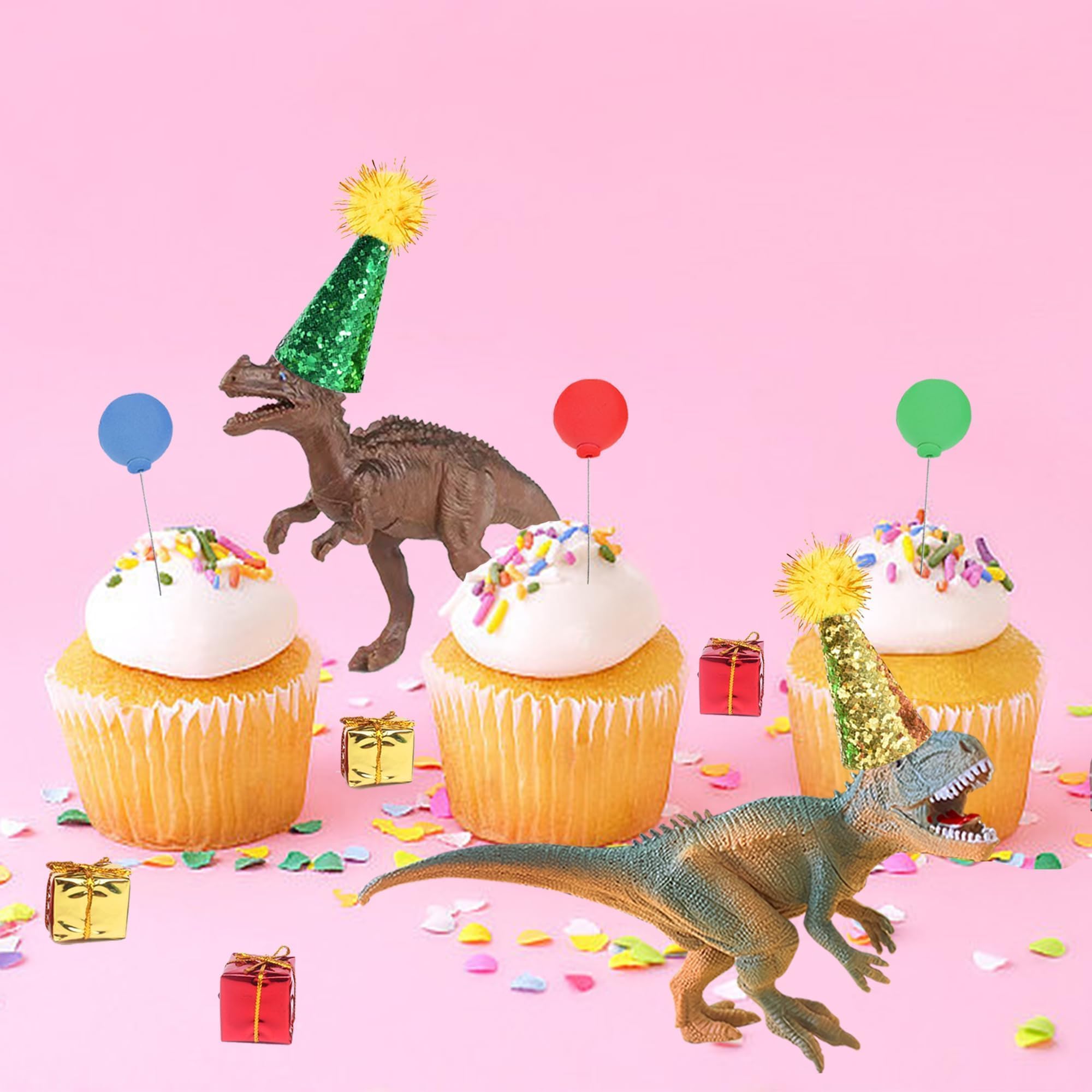 LEFUBABY Dinosaur Cake Toppers Set - 19 Pcs with Mini Hats, Balls & Present Boxes for Dinosaur Theme Parties
