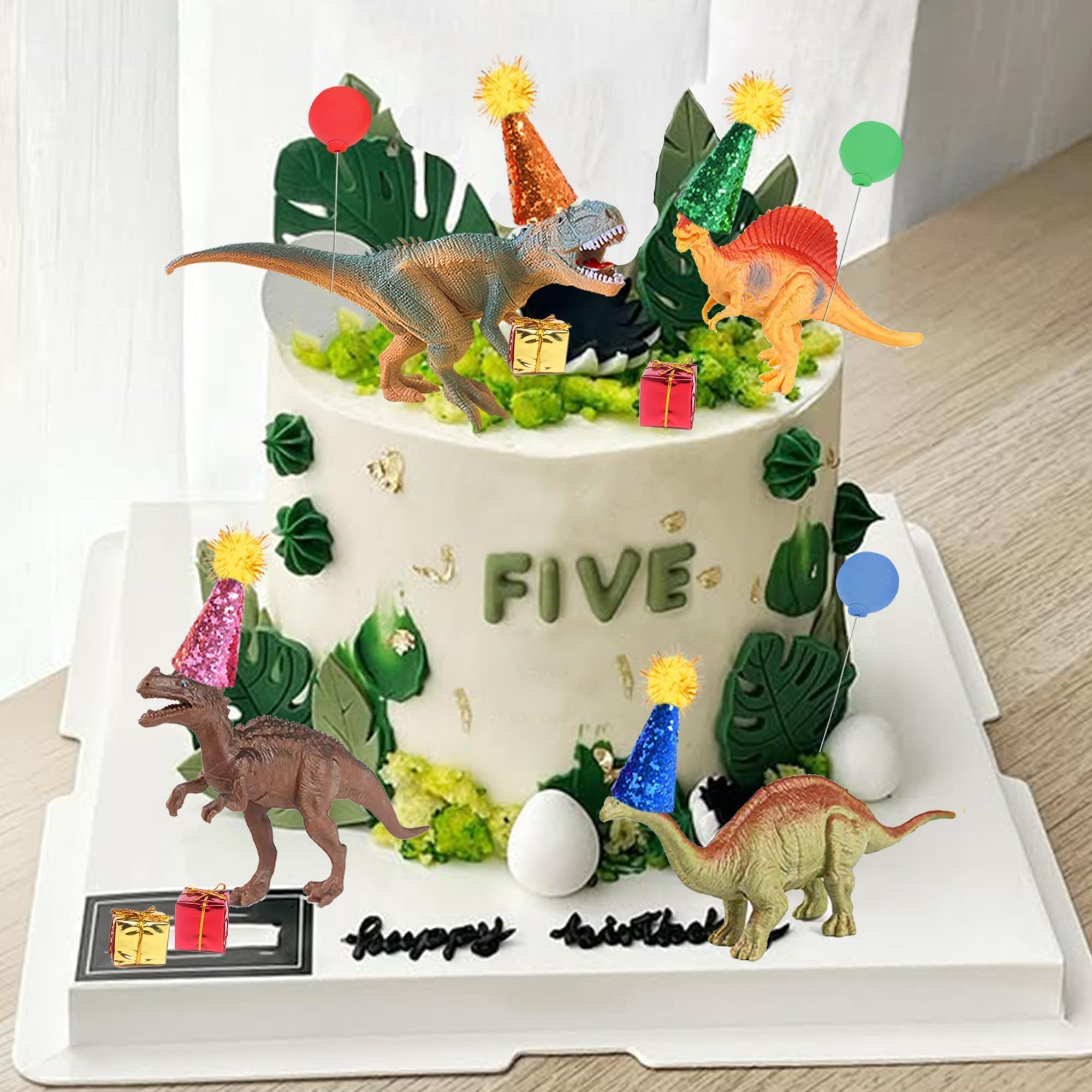 LEFUBABY Dinosaur Cake Toppers Set - 19 Pcs with Mini Hats, Balls & Present Boxes for Dinosaur Theme Parties