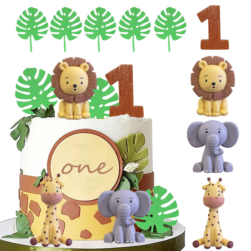 LEFUBABY Safari Animal Cake Toppers – Clay Lion, Giraffe, Elephant & Number 1 for Jungle Birthday Party