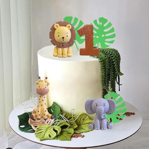 LEFUBABY Safari Animal Cake Toppers – Clay Lion, Giraffe, Elephant & Number 1 for Jungle Birthday Party