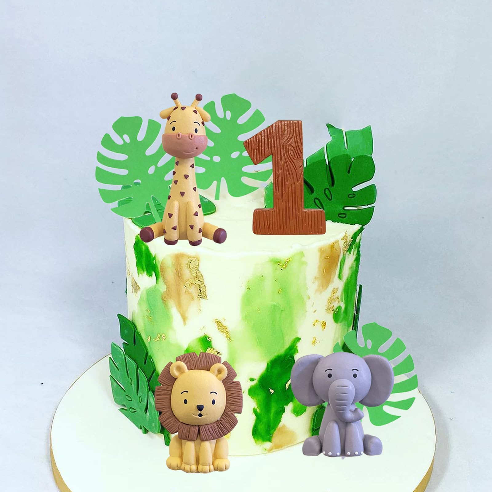 LEFUBABY Safari Animal Cake Toppers – Clay Lion, Giraffe, Elephant & Number 1 for Jungle Birthday Party