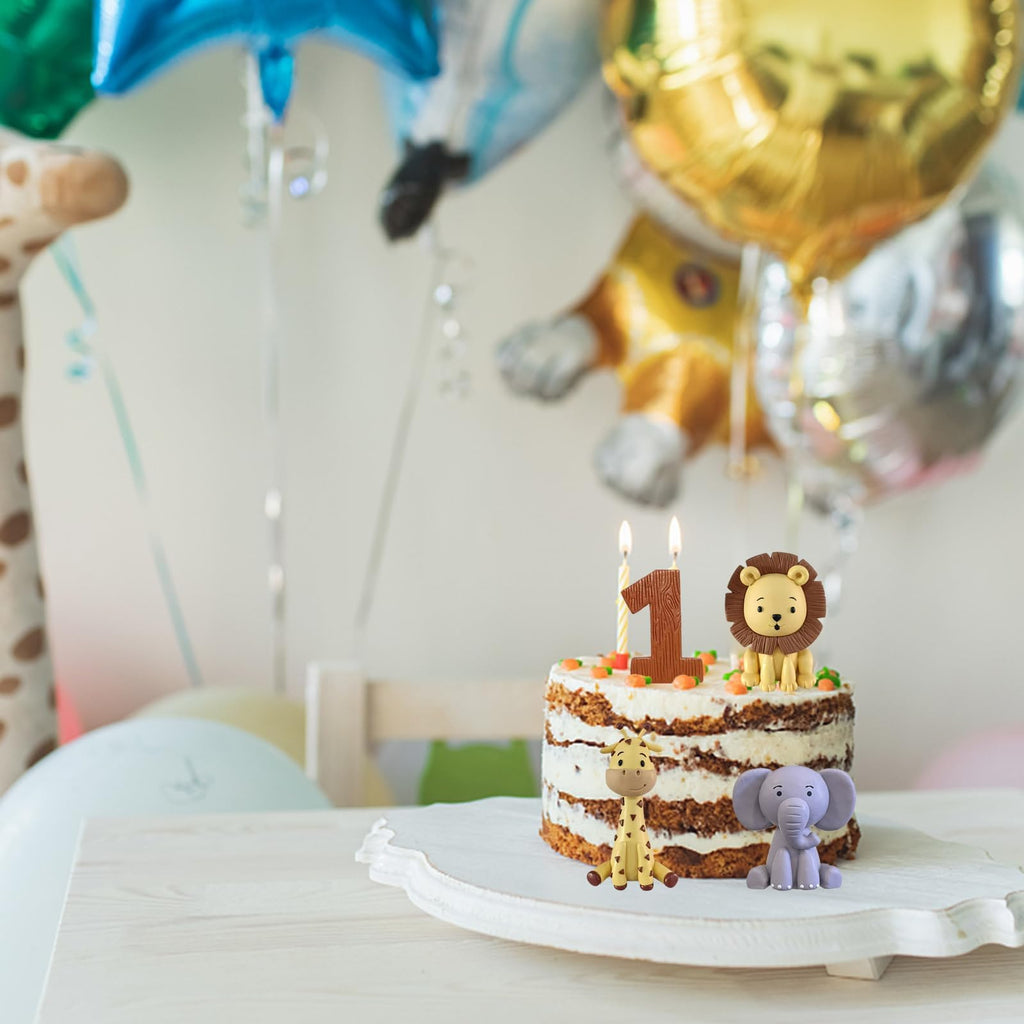 LEFUBABY Safari Animal Cake Toppers – Clay Lion, Giraffe, Elephant & Number 1 for Jungle Birthday Party