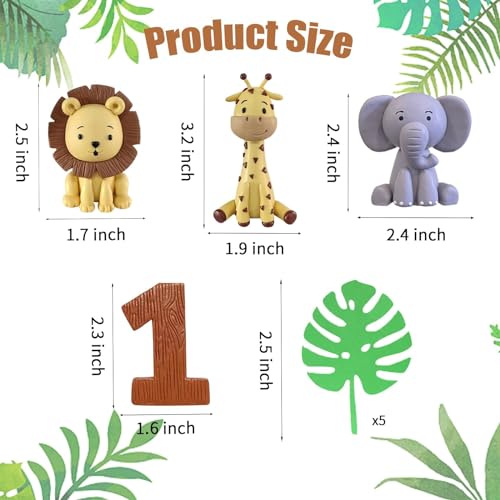 LEFUBABY Safari Animal Cake Toppers – Clay Lion, Giraffe, Elephant & Number 1 for Jungle Birthday Party