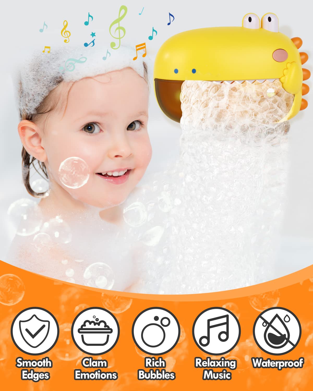 Lehoo Castle Dinosaur Bath Bubble Machine - Yellow, IP6 Waterproof, 2 Play Modes, for Kids Ages 1-3